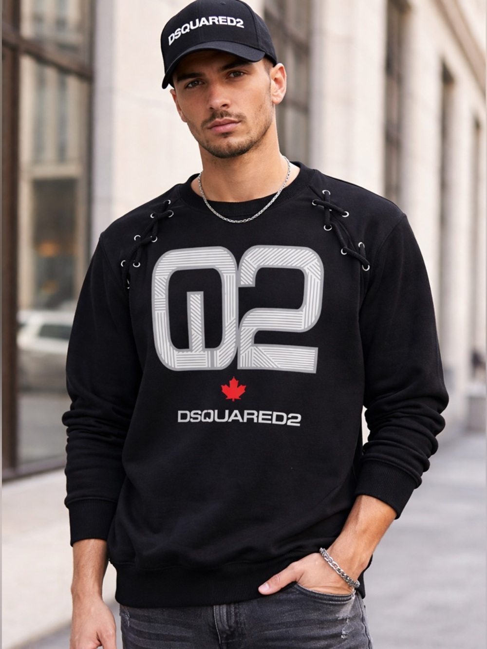 DSQUARED2 Black Crewneck Sweatshirt with White '02' Logo and Red Maple M